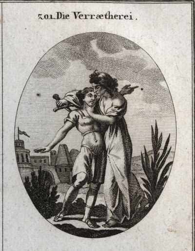 Alegoria de traição. Uma velha horrível acaricia um jovem bonito e, ao mesmo tempo, prepara-se para o esfaquear. Gravura em "Iconologia ou Ideias do Campo das Paixões e Alegorias ilustradas pictóricamente para desenhistas, pintores, poetas, Gele de Austrian School