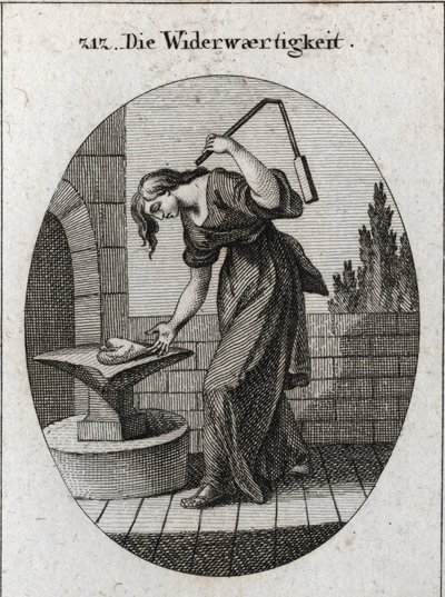 Alegoria de tribulação. Ela segura um coração numa bigorna e o bate com uma pequena flor para marcar que a tribulação tira tudo o que é rude e impuro. Gravura em "Iconologie oder Ideen aus dem Gebiete der Leidenschaften und Allegorien bildich darges de Austrian School