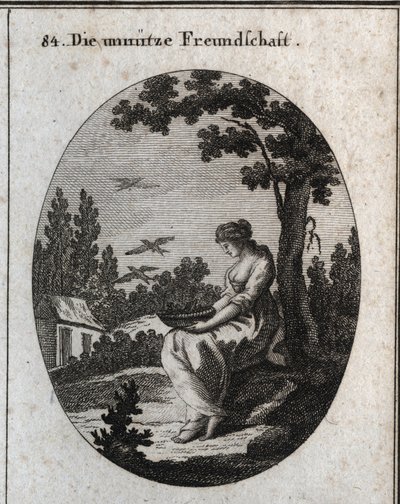 Alegoria de amizades inúteis segurando um ninho permitindo que as andorinhas voem para longe. Gravação em "Iconologie oder Ideen aus dem Gebiet der Leidenschaften und Allegorien bildestellt fur Zeichner, Mahler, Dichter, Gelehrte, Erzieher und freunde Hohe de Austrian School