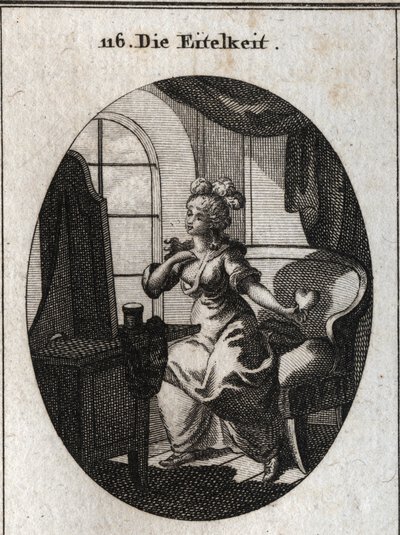 Alegoria da vaidade. Desejando agradar e ser considerada, ela é representada em frente ao seu banheiro se lisonjeando em frente ao espelho com um coração na mão. Gravura em "Iconologie oder Ideen aus dem Gebiete der Leidenschaften und Allegorien". de Austrian School