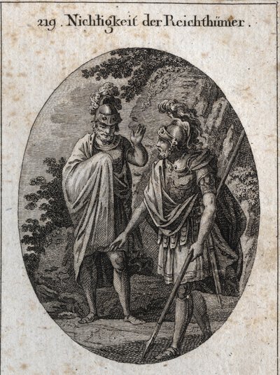 Alegoria da vaidade das riquezas: O Imperador Constantino O Grande traço na Terra com a sua lança um corpo humano e diz: "Se viesseis a adquirir todas as riquezas do mundo, no final, só restaria este espaço, se vos fosse concedido. Gravando em de Austrian School