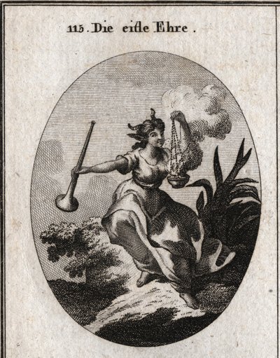 Alegoria de glória venosa segurando uma trombeta e respirando o cheiro do incenso com satisfação. Gravura em "Iconologia ou Idéias do Campo das Paixões e Alegorias ilustradas para desenhistas, pintores, poetas, estudiosos, educadores, e de Austrian School