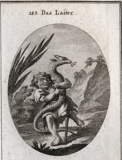 Alegoria do vício representada por um anão que espreme uma hidra. Gravação em "Iconologie oder Ideen aus dem Gebiet der Leidenschaften und Allegorien bildestellt fur Zeichner, Mahler, Dichter, Gelehrte, Erzieher und freunde Hoherer Geschmacksbildung". de Austrian School