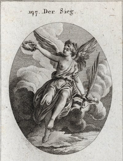 Alegoria de vitória. Ela tem asas e segura uma palma e uma coroa de louros. Gravação em "Iconologie oder Ideen aus dem Gebiet der Leidenschaften und Allegorien bildestellt fur Zeichner, Mahler, Dichter, Gelehrte, Erzieher und freunde Hoherer Gesch de Austrian School