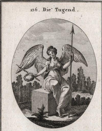 Alegoria da virtude. O cubo de mármore sobre o qual ela se senta deseja o solidito, e suas asas abertas significam que ele fica acima do vulgar. Gravura em "Iconologie oder Ideen aus dem Gebiete der Leidenschaften und Allegorien bildestellt dargestellt fur de Austrian School