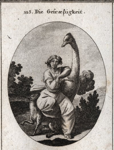 Alegoria de voracite. A avestruz é o atributo da ganância, acrescentamos um lobo magro e faminto para uma maior voracidade. Gravação em "Iconologie oder Ideen aus dem Gebiet der Leidenschaften und Allegorien bildestellt fur Zeichner, Mahler, Dichter, G de Austrian School