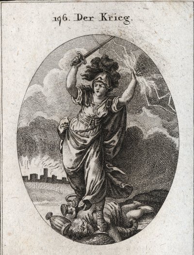 Alegoria de guerra. Ela segura um relâmpago e uma espada nua e quebra sob seus pés vasos de ouro e prata e uma estátua do deus Plutus que é simbolizada por um chifre de abundância e uma venda. No fundo, as muralhas de uma cidade em ruínas. Gravura em "Ic de Austrian School