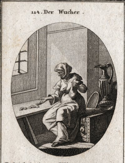 Alegoria de desgaste sentada num cofre, ela conta moedas. Outras riquezas estão perto dela para maior segurança. Gravura em "Iconologia ou ideias do campo das paixões e alegorias ilustradas para desenhistas, pintores, poetas, estudiosos, educadores de Austrian School