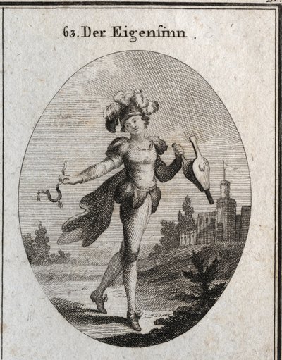 Alegoria de capricho. Seu traje e suas penas marcam a inconstância das fntaisias dos caprichosos. O fole e o esporão que ele segura mostram que ele elogia tanto a virtude quanto o vício indiferente. Gravura em "Iconologie oder Ideen aus dem Gebiete der Lei de Austrian School