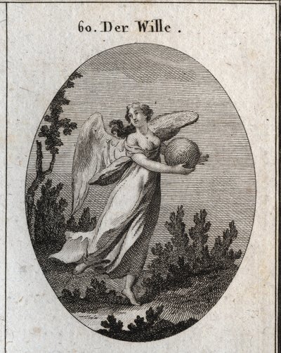 Alegoria da vontade. Ela é representada ailee e segura uma bola de cores diferentes. Gravura em "Iconologia ou idéias do campo das paixões e alegorias ilustradas para desenhistas, pintores, poetas, estudiosos, educadores e amigos". de Austrian School