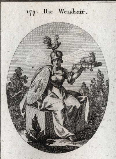 Alegoria da sabedoria. A sua roupa e as suas armas brancas definem a sua força e pureza. O galo no seu capacete é o símbolo da sua inteligência e vigilância. Os raios de luz que saem dos seus templos significam dignidade e santidade. O livro firme de sete de Austrian School