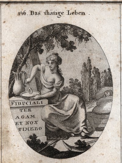 Alegoria da vida profissional à sombra de uma vinha. Ela é representada preparando-se para comer em um lago e balançando com o pé uma criança. Instrumentos de lavoura são colocados ao lado dela. Gravura em "Iconologie oder Ideen aus dem Gebiete der Leidens de Austrian School