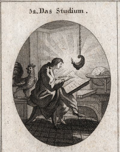 Alegoria de escrever para uma mesa iluminada pela luz. O galo é o atributo da viligência. Gravação em "Iconologie oder Ideen aus dem Gebiet der Leidenschaften und Allegorien bildestellt fur Zeichner, Mahler, Dichter, Gelehrte, Erzieher und de Austrian School
