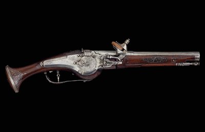 Pistola Carinthian (Ferlach) com mecanismo de bloqueio de roda incorporando um sistema de segurança automático interno, c.1650 (aço e nogueira) de Austrian School