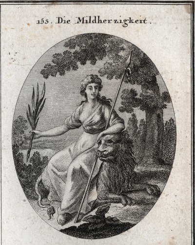 Alegoria de Clemence. Ela é representada segurando uma lança e um ramo de oliveira para indicar que ela tem o poder de punir, mas também de perdoar. O leão é o atributo da generosidade. Gravura em "Iconologie oder Ideen aus dem Gebiete der Leidenschaften u de Austrian School