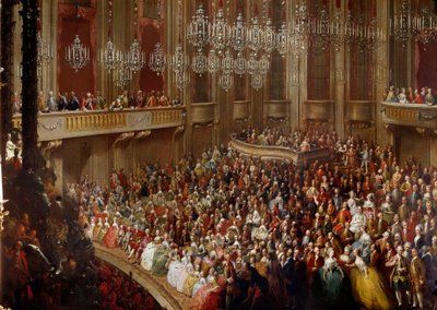 Concerto em Viena, na presença da família imperiosa. Pintura da escola austríaca do século XVIII. Castelo de Schonbrunn de Austrian School
