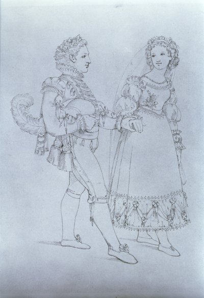 Figurinos para Figaro e Susanna da ópera &39;O Casamento de Figaro&39; por Wolfgang Amadeus Mozart (1756-91) (gravura) de Austrian School