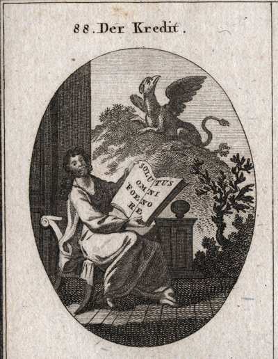 Alegoria de crédito com um livro com a inscrição "Solutus omni foenore" (Livre de uma vitória de todos). No fundo um grifo símbolo da preservação e preservação dos trespasses. Gravura em "Iconologie oder Ideen aus dem Gebiete der Leiden". de Austrian School