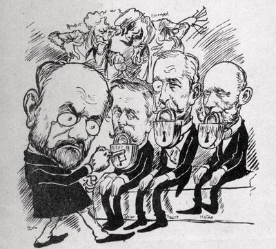 Emile Zola tenta abrir as fechaduras que fecham a boca dos Presidentes Jean Casimir-Perier (1847-1907) e Felix Faure (1841-1899), bem como do Presidente do Conselho Jules Meline (1838-1925), enquanto, ao fundo, Henri Rochefort (1831-1913) disse ao Com de Austrian School