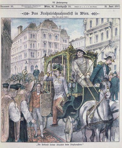 Imperador Franz Josef da Áustria, chegando à Catedral de Santo Estêvão, em Viena, para celebrar a festa de Corpus Christi (Fronleichnam), 1897; de Austrian School