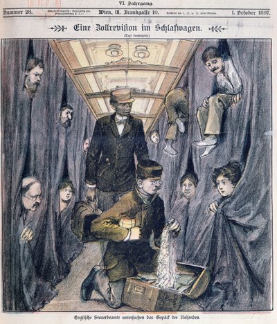 Funcionários da alfândega inglesa examinando a bagagem em um carro de dorminhoco de Austrian School