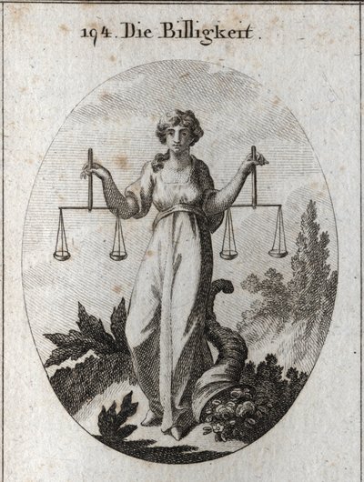Alegoria patrimonial com duas escalas na mesma altura. Seu atributo é o corno da abnegação para mostrar que ela recompensa com bondade depois de ter sido corretamente autorizada. Gravura em "Iconologie oder Ideen aus dem Gebiete der Leidenschaften und Alle de Austrian School