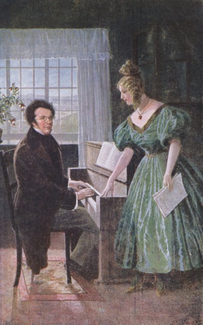Franz Peter Schubert (1797-1828) tocando piano, cartão postal c.1910 de Austrian School