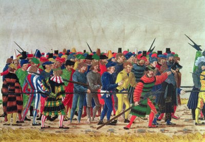 Halberdiers de Maximiliano I (1459-1519) que guarda prisioneiros franceses de Austrian School