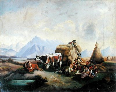 Cena da colheita na Áustria, meados do século XIX (óleo sobre tela) de Austrian School