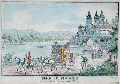 Carruagem dos Correios Imperiais Austríacos em frente à Abadia de Melk, junto ao rio Danúbio, no início do século XIX (gravura a cores) de Austrian School