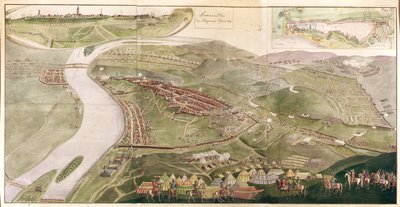 Mapa ilustrando a captura de Buda, 1686 (gravura a cores) de Austrian School