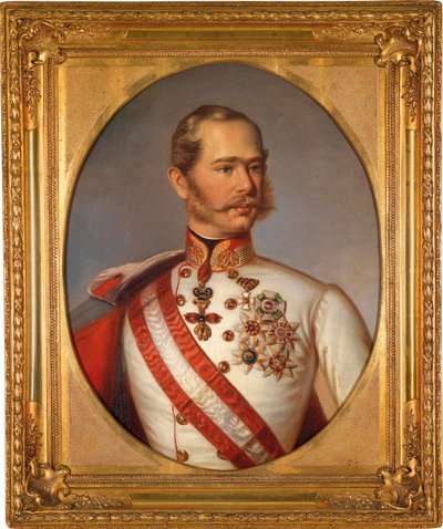 Retrato de Francisco José I da Áustria (1830-1916). Tem a condecoração da Ordem do Tosão de Ouro. Pintura anônima, óleo sobre tela, por volta de 1855. Arte austríaca de Austrian School