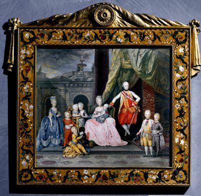 Retrato de Pierre-Leopold de Habsburg-Lorraine (Pierre Leopold de Habsburg Lorraine) (1747-1792) (então Leopold II do Santo Império ou Áustria) rodeia com sua família (sua esposa Marie Louise e seus 8 filhos) Pintura em miniatura. 1776 Vienna Hofbour de Austrian School