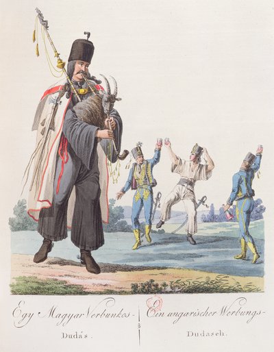 Soldados de um regimento húngaro realizando uma dança de recrutamento, ilustração de um livro de trajes de Hongrie, publicado em Viena, 1810 de Austrian School