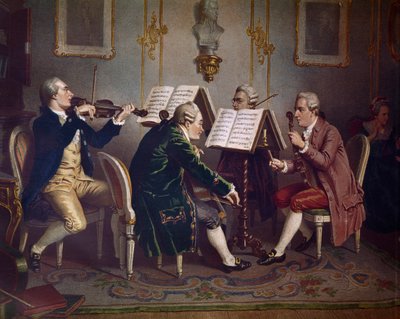 Quarteto de cordas a tocar uma obra de Mozart (Música de câmara) (Litografia de Austrian School