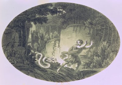 Tamino perseguido por uma serpente gigante, Ato I cena I de &39;A Flauta Mágica&39; de Wolfgang Amadeus Mozart (1756-91) (gravura) de Austrian School