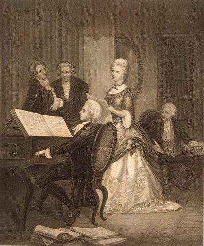 Wolfgang Amadeus Mozart acompanhando Caterina Maddalena Giuseppa (gravura) de Austrian School