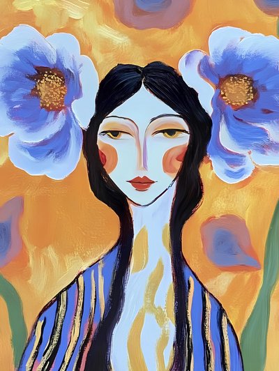 Mulher Boho com Flores Azuis de Avanesova Elena