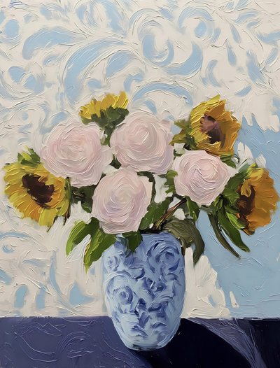 Rosas, Girassóis e um Vaso Azul de Avanesova Elena