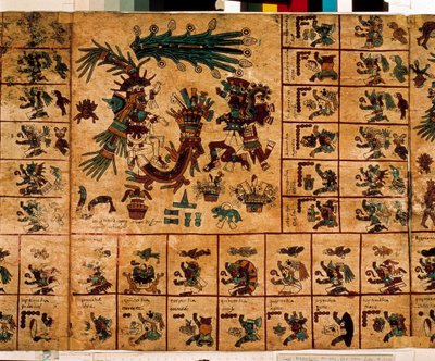 Representação das divindades astecas e caixas correspondentes ao calendário. Página do manuscrito asteca sobre casca de árvore "Codex Borbonicus", códice indígena pré-colombiano do México central, finais do século XV. Biblioteca da Assembleia Nacional (Pal de Aztec