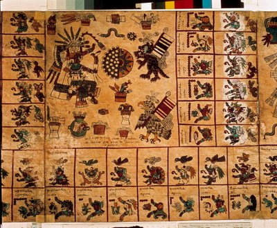 Representação das divindades astecas e caixas correspondentes ao calendário. Página do manuscrito asteca sobre casca de árvore "Codex Borbonicus", códice indígena pré-colombiano do México central, finais do século XV. Biblioteca da Assembleia Nacional (Pal de Aztec
