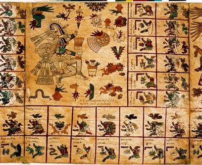 Representação das divindades astecas e caixas correspondentes ao calendário. Página do manuscrito asteca sobre casca de árvore "Codex Borbonicus", códice indígena pré-colombiano do México central, finais do século XV. Biblioteca da Assembleia Nacional (Pal de Aztec