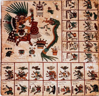 Representação de Quetzalcoatl e Tezcatlipoca, divindades astecas e caixas correspondentes ao calendário. Página do manuscrito asteca sobre casca de árvore "Codex Borbonicus", códice indígena pré-colombiano do México central, final do século XV. Biblioteca  de Aztec