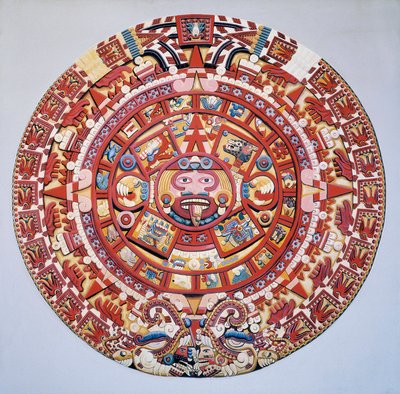 Civilização pré-colombiana: o calendário asteca (Pedra do Sol): disco representando o calendário asteca e a cosmogonia (Tonalpohualli) de Aztec Aztec