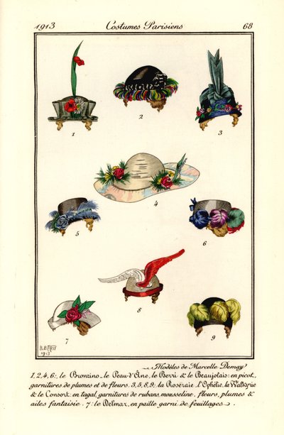 Desenhos de chapéus de mulher da moleira Marcelle Demay. Modeles de Marcelle Demay. Gravura de bolso colorida à mão (stencil) depois de uma ilustração de B. Berty do Tommaso Antongini