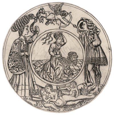 Aristóteles e Fílis, rodeados por um Jovem e uma Mulher com Eros, e uma Mulher nua reclinada com dois Filhos, segunda metade do século XV (gravura) de Baccio (circle of) Baldini