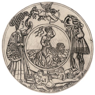Aristóteles e Fílis, rodeados por um jovem e uma jovem com Eros, e uma mulher nua reclinada com dois filhos, segunda metade do século XV de Baccio Baldini