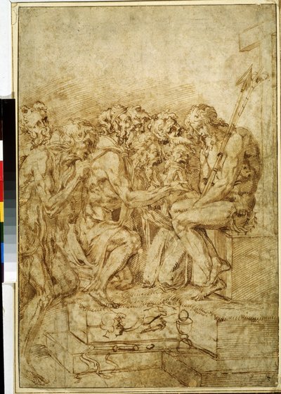 ""Cristo com os símbolos da paixão cercado por sete figuras"" (Cristo com símbolos das paixões acompanhado por sete figuras) Desenho em tinta marrom por Baccio Bandinelli (1493-1560) Museu Pushkin do século XVI Moscou de Baccio Bandinelli