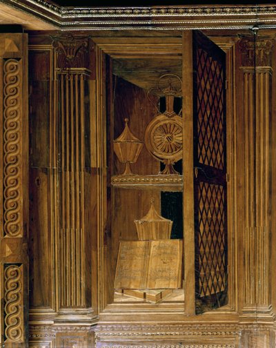 Painéis da Intarsia representando um armário com uma porta de treliça, no estudo de Federigo da Montefeltro, Duque de Urbino (madeira) de Baccio Pontelli