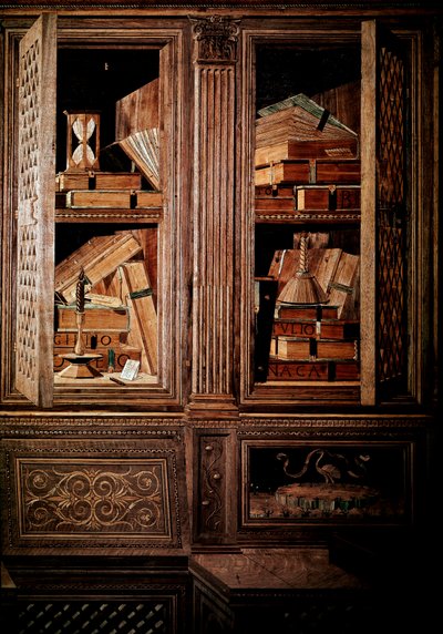 Studiolo do Duque Frederic III de Montefeltre, Duque de Urbino (Urbino), em italiano Federico III da Montefeltro (1422-1482). Detalhe, mosaico legno de madeira, vermoldings executados por Baccio Pontelli (1450-92) após os desenhos de Mariano dei Filipepi d de Baccio Pontelli